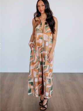 Dress Forum Peach & Olive Geo-Print Halter Wide-Leg Jumpsuit